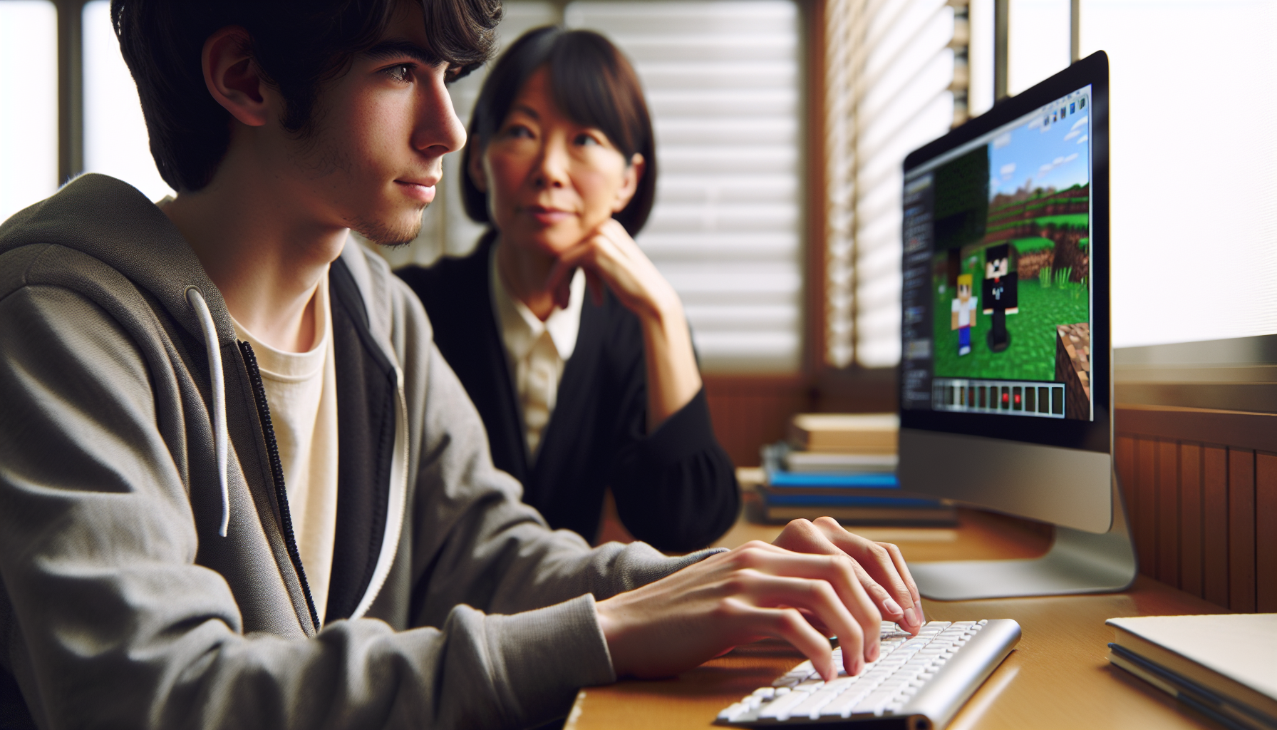 教室でパソコンに向かう中学生と講師